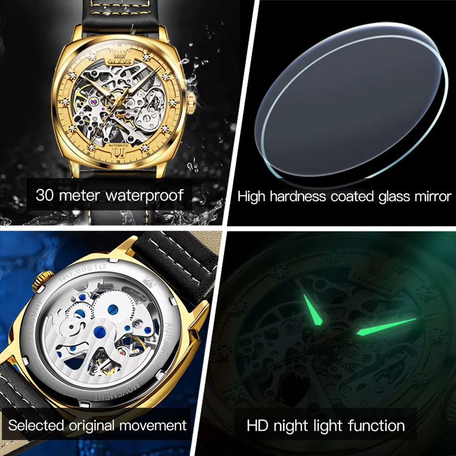 OLEVS Armbanduhr, Automatik, Leder, Schwarz, Gold, Herren - Bild 4