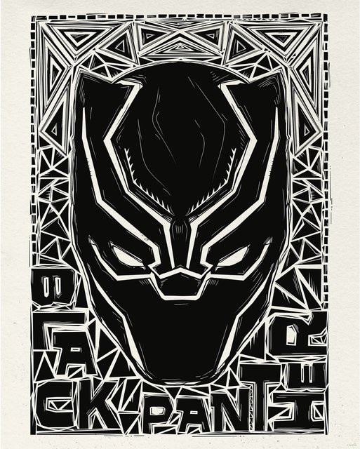 Komar Marvel Black Panther Wandbild Lino-Cut Helmet Paper Poster Schwarz-Weiß, Breite: 40 cm, Höhe: 50 cm - Bild 1