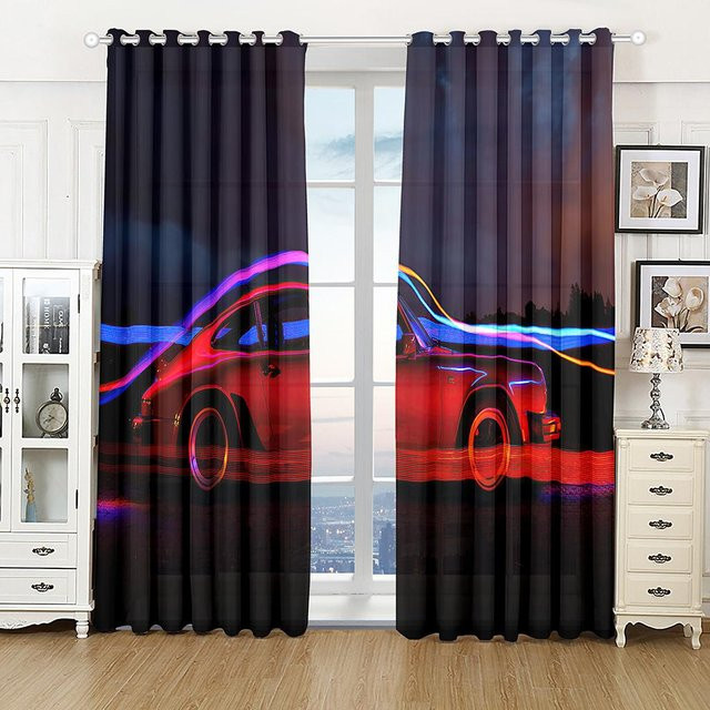 A Family Of Home Textiles 3D-Vorhang mit schwarzem Sportwagen Motiv, 2 Paneele, UV-beständig und halbtransparent, Farbe: Schwarz/Mehrfarbig, Breite: 100 cm, Höhe: 160 cm - Bild 1