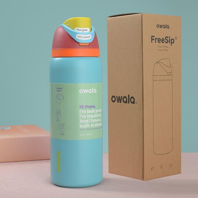Owala Vakuumisolierte Sportflasche aus Edelstahl mit Griff und Strohhalm, 24oz, Himmelblau - Bild 1