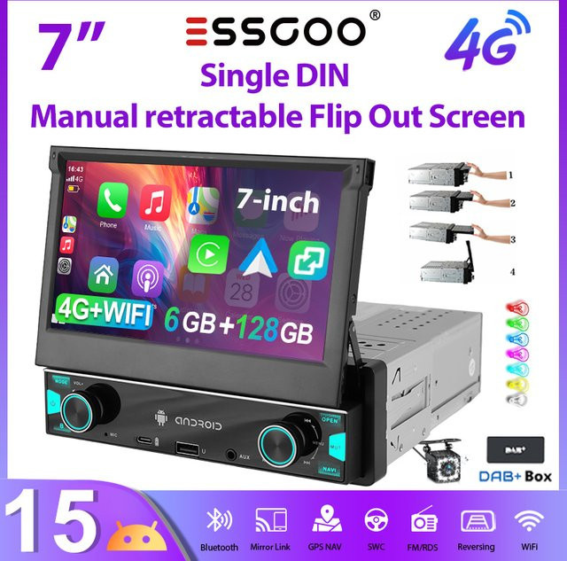 ESSGOO Android 15 Autoradio mit 7 Zoll ausklappbarem Touchscreen, 6+128 GB, 1 DIN, 4G LTE, Wireless CarPlay, Android Auto, GPS, WiFi und Bluetooth, Schwarz - Bild 1