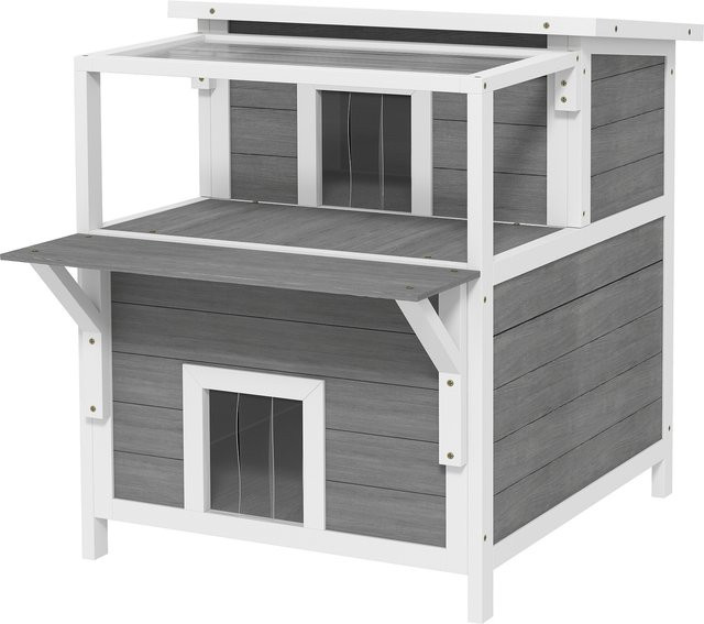 PawHut Katzenhöhle aus Tannenholz und Kunststoff, wetterfeste Katzenhütte für den Garten mit abnehmbarem Dach und erhöhtem Boden, Hellgrau, B/H/T: 87 x 76 x 64 cm, Aosom - Bild 1