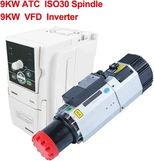 YUN DUAN ATC-Spindel mit automatischem Werkzeugwechsel 9 kW, ISO30, luftgekühlt, silber, inklusive VFD-Wechselrichter für Holzbearbeitungsfräsen - Bild 1