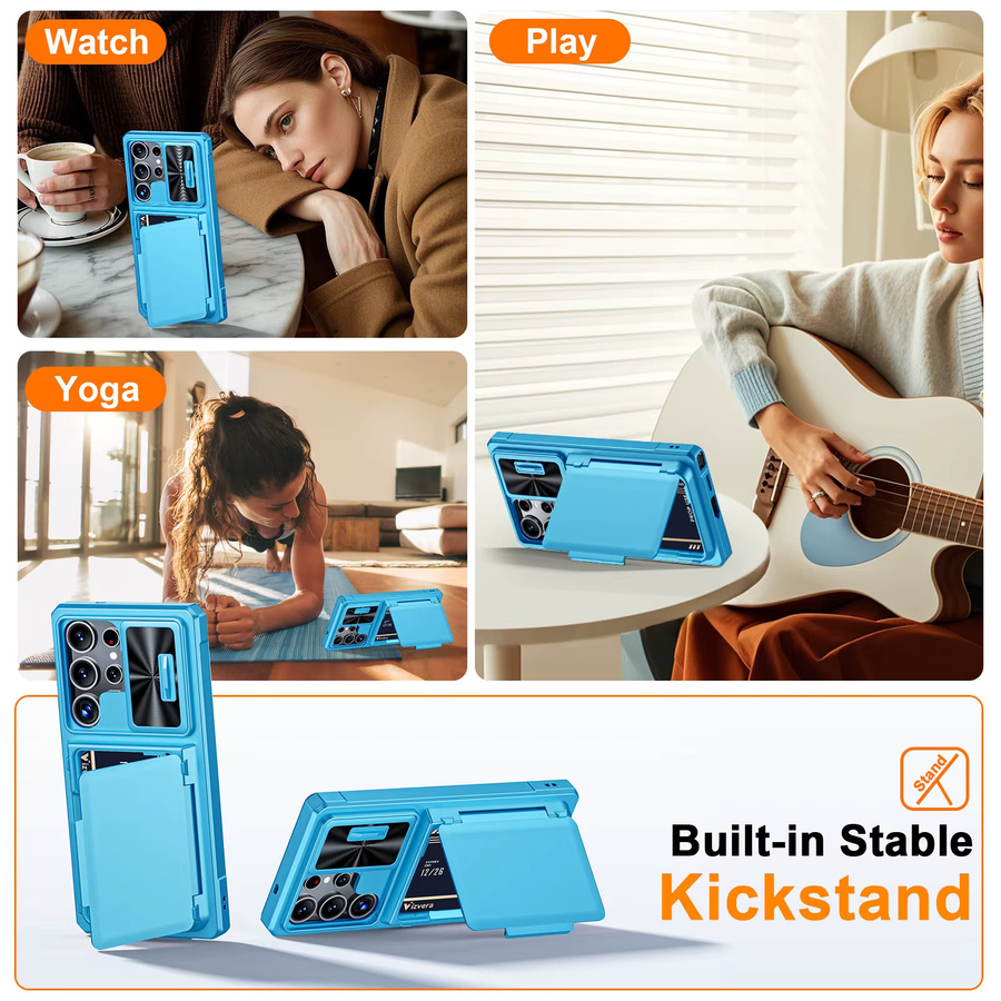 Samsung Galaxy S25 Ultra Wallet Case mit Kartenhalter, verschiebbarer Kameraabdeckung und Ständer in Schwarz oder Blau - Bild 6