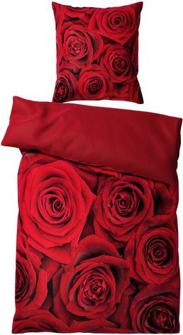 Sanilo Bettwäsche Set mit Rosenmuster in Rot, Material: Baumwolle, B/H: 135 x 200 cm und 80 x 80 cm - Bild 1