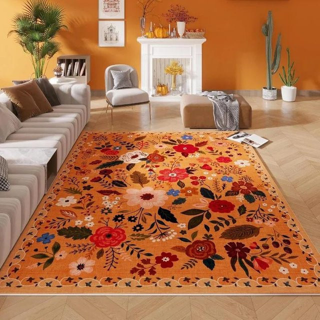 Karpetti Wohnzimmerteppich mit Blumenmuster in Rosa und Orange, Waschbarer Böhmischer Bereichsteppich, Rutschfest, B/T: 60 x 40 cm - Bild 1