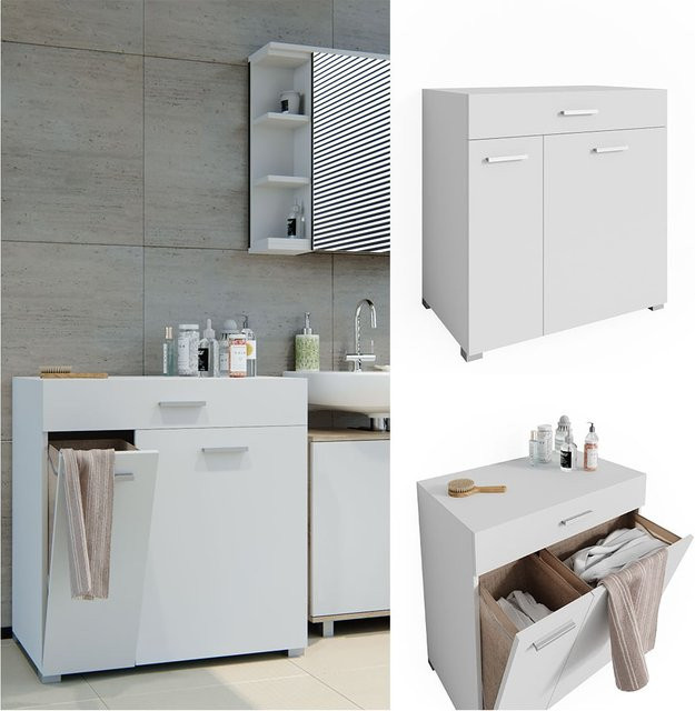 Vicco Badschrank Matteo Waschmaschinenschrank mit Wäschekorb in Weiß B/T/H: 75 x 45 x 79 cm - Bild 1