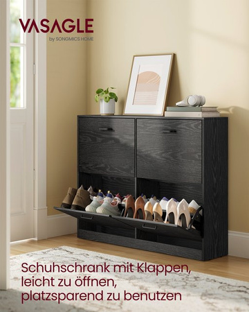 VASAGLE Schuhschrank mit 4 Klappen in Schwarz, moderner Schuhkipper für den Flur mit verstellbaren Trennwänden und Belüftung