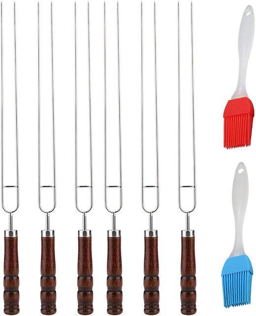 CosyHome Grillset aus Edelstahl mit 6 U-förmigen Grillgabelspießen und 2 Silikon-Grillbürsten in Weiß und Silber - Bild 1