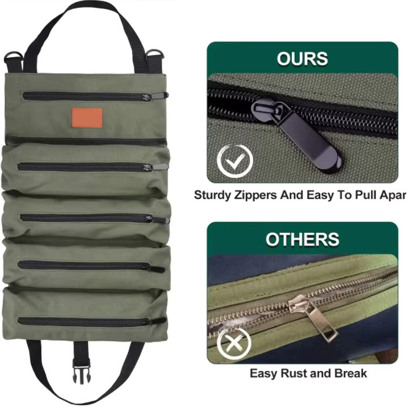 Mehrzweck Roll-Up Werkzeugtasche aus Segeltuch in Schwarz und Grün als Werkzeug-Organizer und Aufbewahrung für Schraubenschlüssel oder Erste-Hilfe-Sets - Bild 2