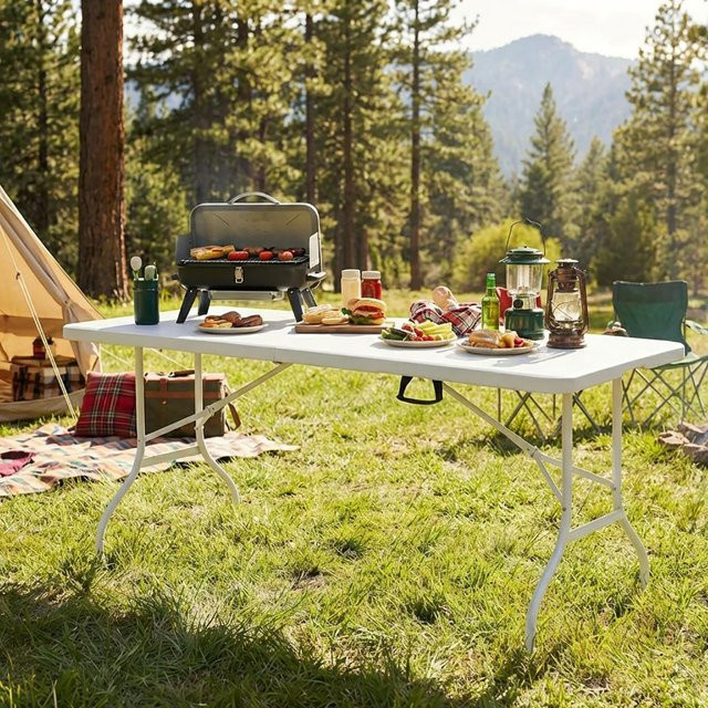 HiMISS Klapptisch aus Kunststoff in Weiß, robuster rechteckiger Mehrzweck-Tisch für Camping, Picknick und Garten - Bild 1