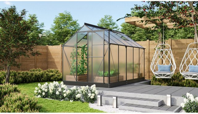 Vitavia Gewächshaus Triton 6200 HKP mit Vorzugsset in Schwarz aus Polycarbonat und Aluminium mit Stahlfundamentrahmen, 2 Dachfenstern und Regenrinnen - Bild 1