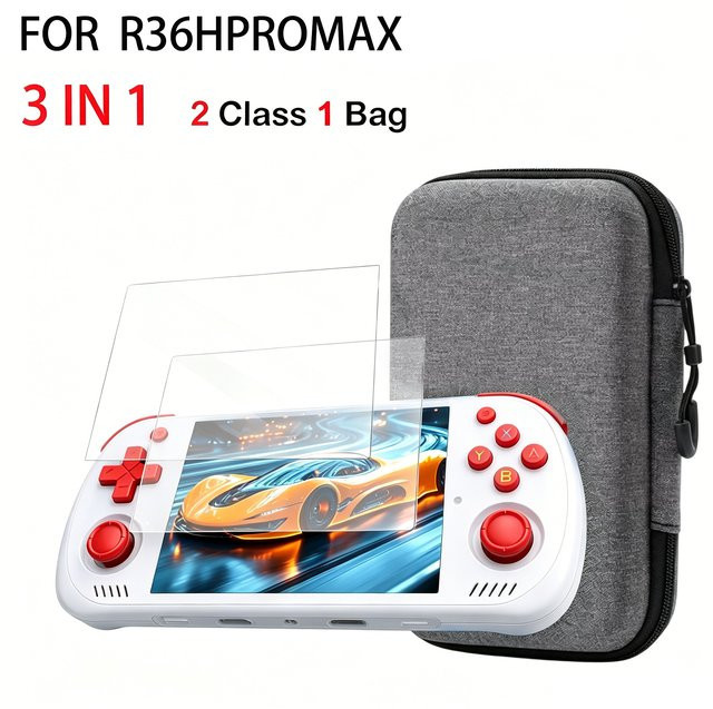 BOYHOM Spiel-Aufbewahrungstasche für R36HPROMAX mit Schutzfolien aus gehärtetem Glas, tragbare Retro-Schutztasche mit Reißverschluss in Grau und Transparent - Bild 1