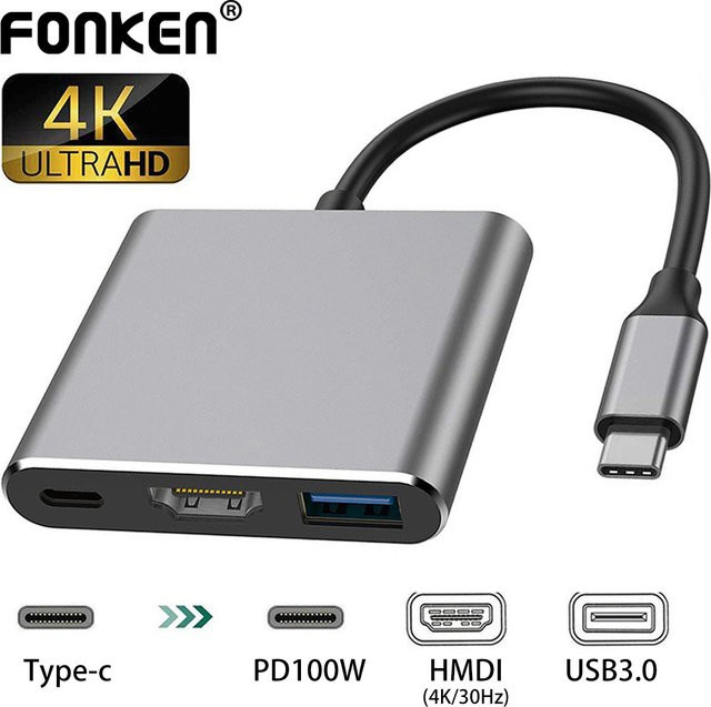 FONKEN 3-in-1 USB-C zu HDMI und USB 3.0 Kabeladapter in Silber für 4K UHD Auflösung - Bild 1