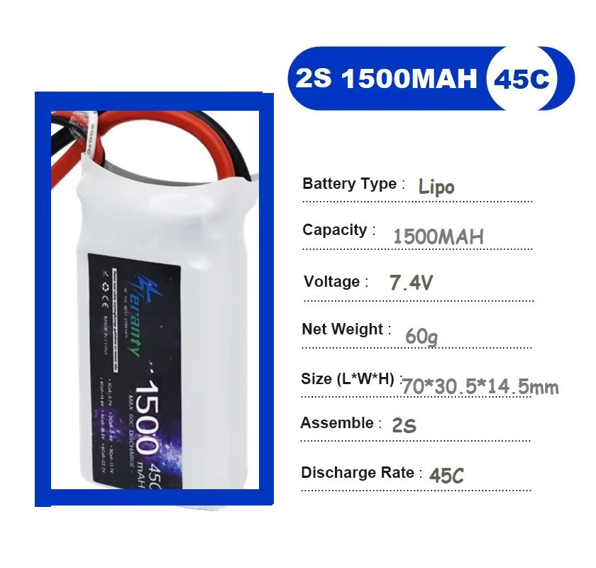 PYLRC 2S LiPo Akku 7,4 V 1500 mAh 45C Wiederaufladbarer Akku für RC Hubschrauber, Flugzeuge, Autos, Boote und Drohnen in Weiß - Bild 2
