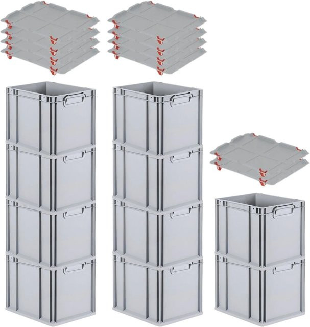 PROREGAL SparSet 10x Eurobox NextGen Grip mit Auflagedeckel und 4 roten Schiebeschnappverschlüssen, Grau, H: 32 cm, B: 30 cm, T: 40 cm - Bild 1