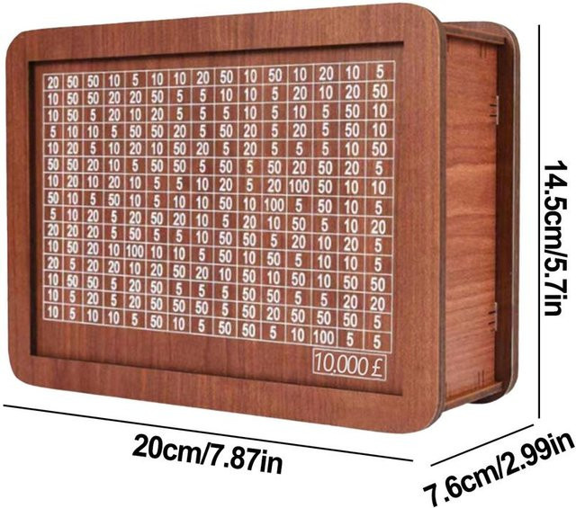 Retro Spardose 10.000 Spar-Challenge aus Holz in Grau und Braun, Tischmodell mit Zahlen und Häkchen, B/T/H: 14,5 x 7,6 x 20,0 cm - Bild 1
