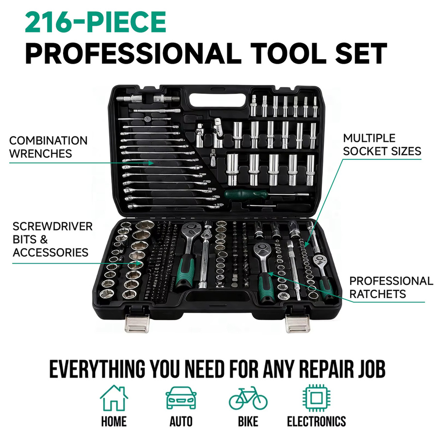 Podofo 216-teiliges Profi-Werkzeugset für Autoreparaturen mit Steckschlüsselsatz 1/4 Zoll, 3/8 Zoll und 1/2 Zoll sowie ergonomischen 24-Zahn-Ratschenschlüsseln - Bild 5