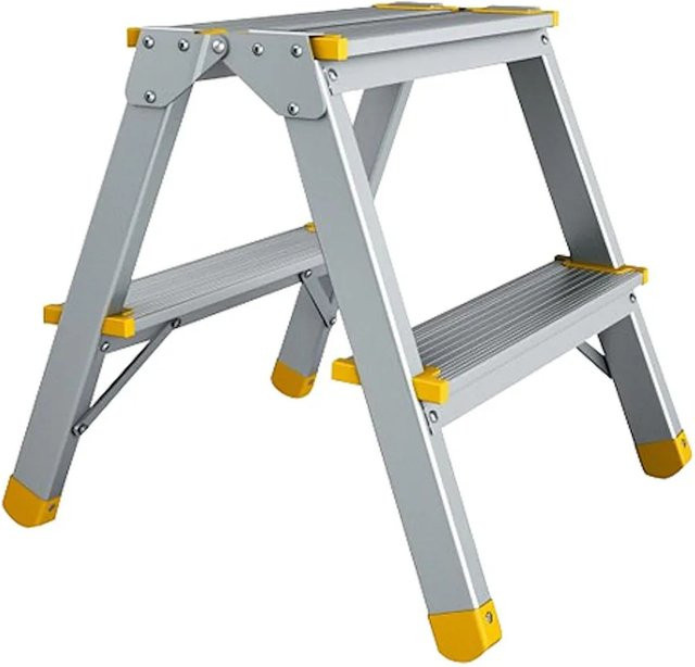 PROREGAL Metal Double Giraffe Doppelseitige Aluminium-Stufenstehleiter mit 2 Stufen, Farbe: Silber/Gelb, Höhe: 41 cm, Tragkraft: 150 kg - Bild 1