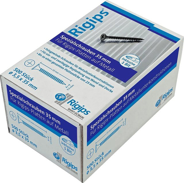 Saint-Gobain Rigips Feingewindeschrauben für Metall, Farbe: Silber, Durchmesser: 3,5 mm, Länge: 35 mm, 500 Stück - Bild 1