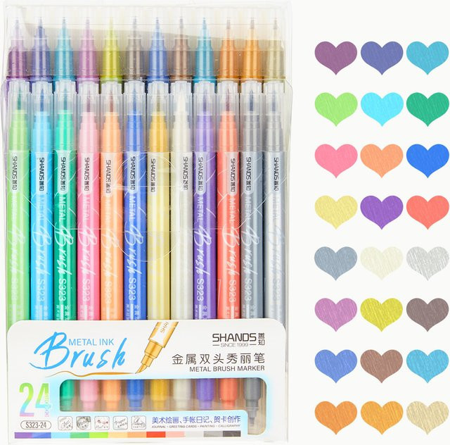 Metallic-Marker auf Wasserbasis mit weicher und harter Spitze, schnell trocknende Farben für künstlerische Skizzen, 24 Stück, Multicolour - Bild 1