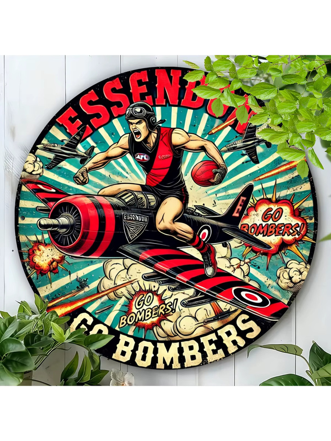 Essendon Bombers Rundes Aluminium-Wandschild im Vintage-Stil mit Fußballspieler und Flugzeug, Mehrfarbig - Bild 7