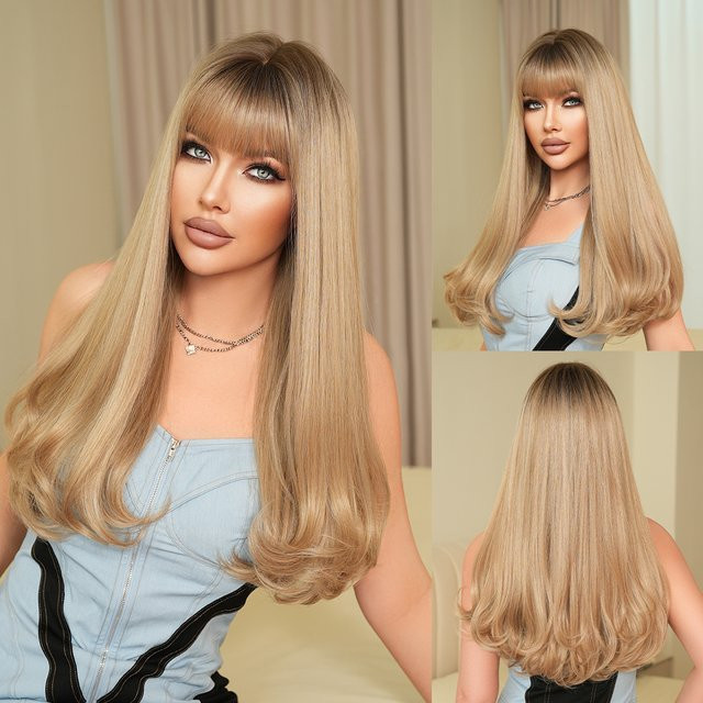 NAMM Perücke, lange gewellte Ombre-Blondine mit Pony, synthetisch, Damen - Bild 1