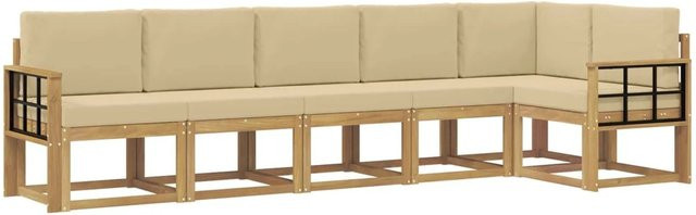 vidaXL Outdoor-Sofagarnitur 6-teilig in L-Form aus Akazienholz mit Kissen in Weiß und Beige - Bild 1