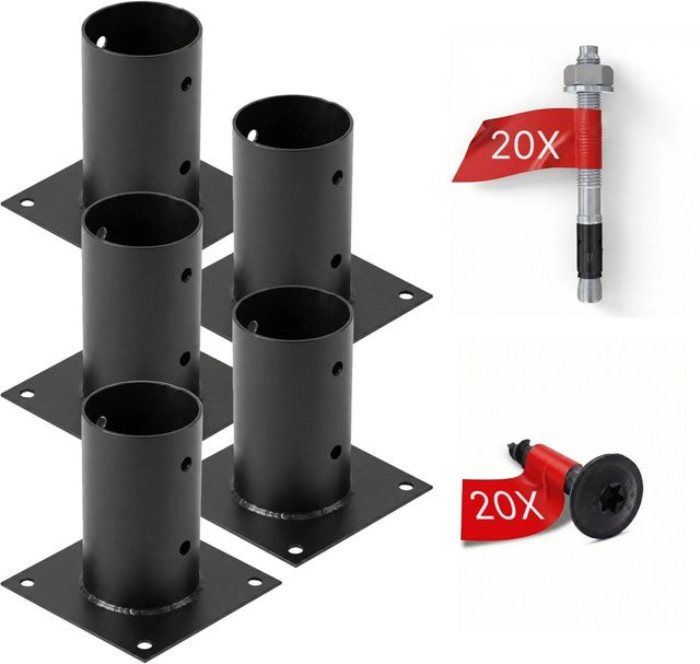 HOLLMAX Pfostenträger Set aus 5 Aufschraubhülsen für Rundholzpfosten, 80 mm, Schwarz matt pulverbeschichtet - Bild 1