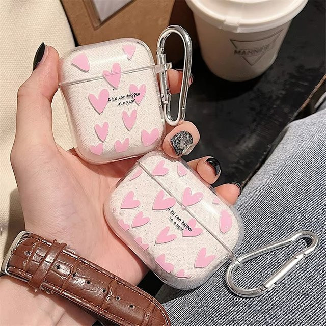 Rosa Herz-Blumen Schutzhülle für Apple AirPods Pro 2, 1, 2 und 3 inklusive Schlüsselanhänger - Bild 1