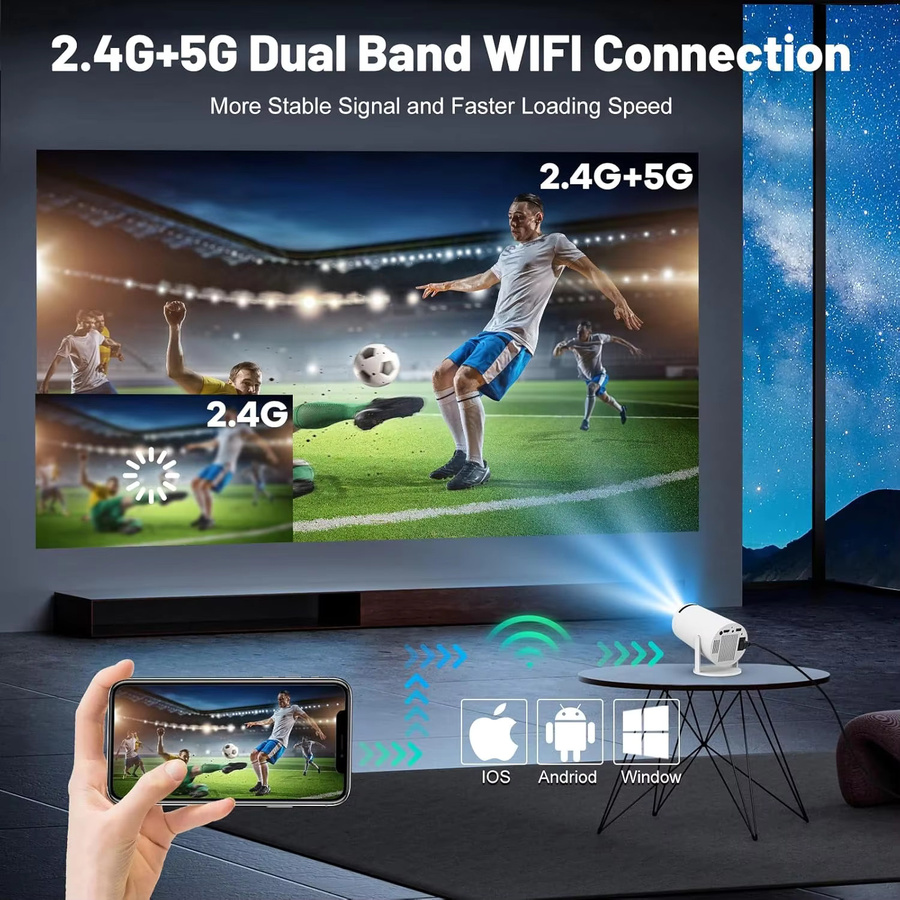 XFY Mini HY300 Projektor in Weiß mit 5G WLAN, Bluetooth und 4K 1080P Unterstützung, tragbarer Projektor mit 180 Grad drehbarer Halterung und Auto-Keystone-Korrektur - Bild 3