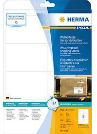 Herma Versandetiketten 8331 aus weißer Polyesterfolie auf DIN A4, 200 Etiketten, 25 Bogen, B: 9,91 cm, H: 6,77 cm - Bild 1