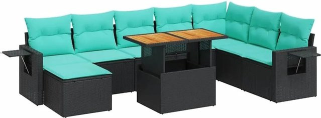 vidaXL 9-tlg. Garten-Sofagarnitur in L-Form aus schwarzem Poly-Rattan mit Kissen und pulverbeschichtetem Stahlgestell - Bild 1