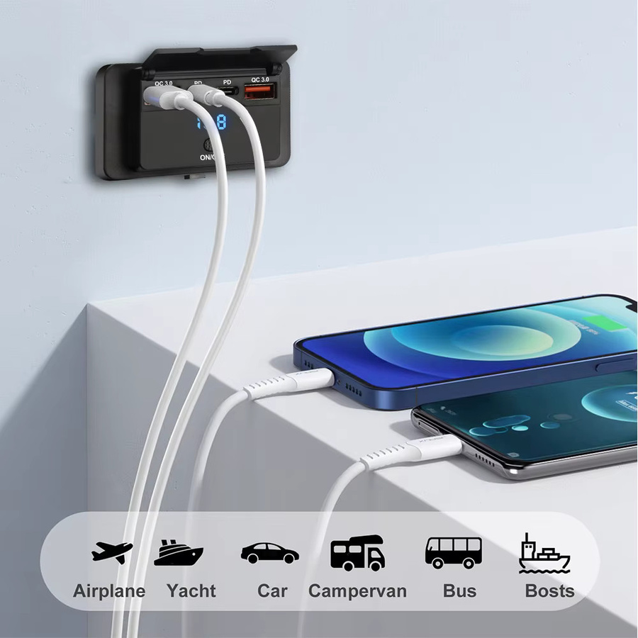 KEBETEME USB-Autoladegerät mit 4 Ports, 96 W Schnellladegerät mit Dual PD und Dual QC 3.0, Schwarz, für 12 V/24 V Auto, Boot, Bus, RV und LKW - Bild 4