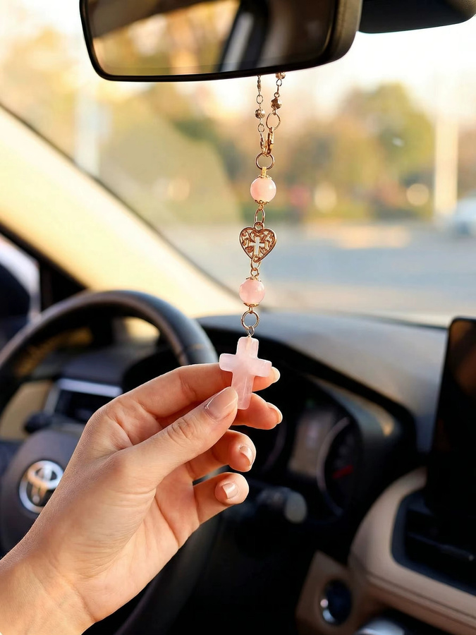 CHENSIYAO Rosenquarz-Kreuz als hängendes Auto-Accessoire in Pink - Bild 4