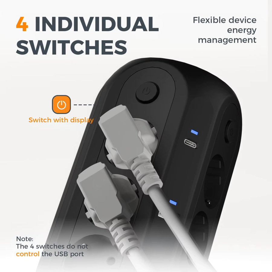 TESSAN Multi-Tower-Steckdosenleiste Schwarz mit 12 Steckdosen, 4 USB-A, 2 Typ-C und Überspannungsschutz - Bild 3