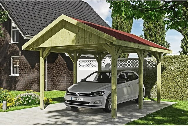 Skan Holz Carport Wallgau Satteldach in Grün mit roten Dachschindeln B: 380 cm, T: 500 cm, H: 313 cm - Bild 1
