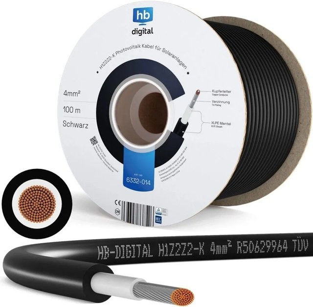 hb-digital Solarkabel 4 mm² H1Z2Z2-K TÜV zertifiziertes PV Kabel für Solaranlagen 100 m Schwarz - Bild 1