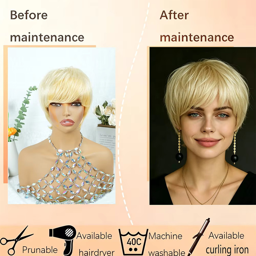 OYM HAIR Pixie-Cut-Perücke aus Echthaar, Champagnerfarben, Damen - Bild 2