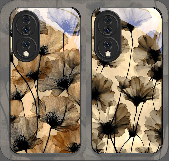 Handyhülle mit Retro Schwarze Sepia Mohnblumen-Druck aus gehärtetem Glas für Huawei Honor 400 200 Lite 100 Pro 90 Magic7 6 5 - Bild 1