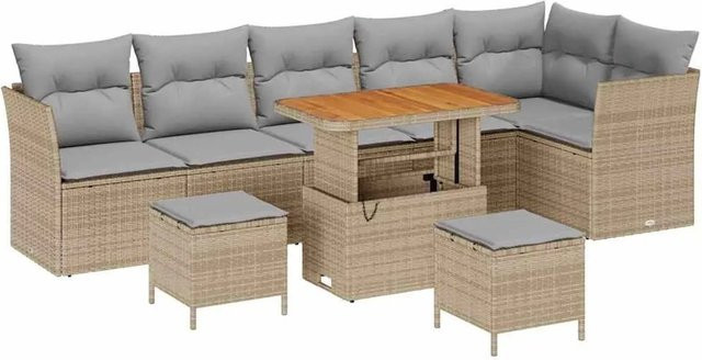 vidaXL Garten-Sofa-Set 9-tlg. in U-Form mit Kissen und Stauraum, Beige und Grau - Bild 1