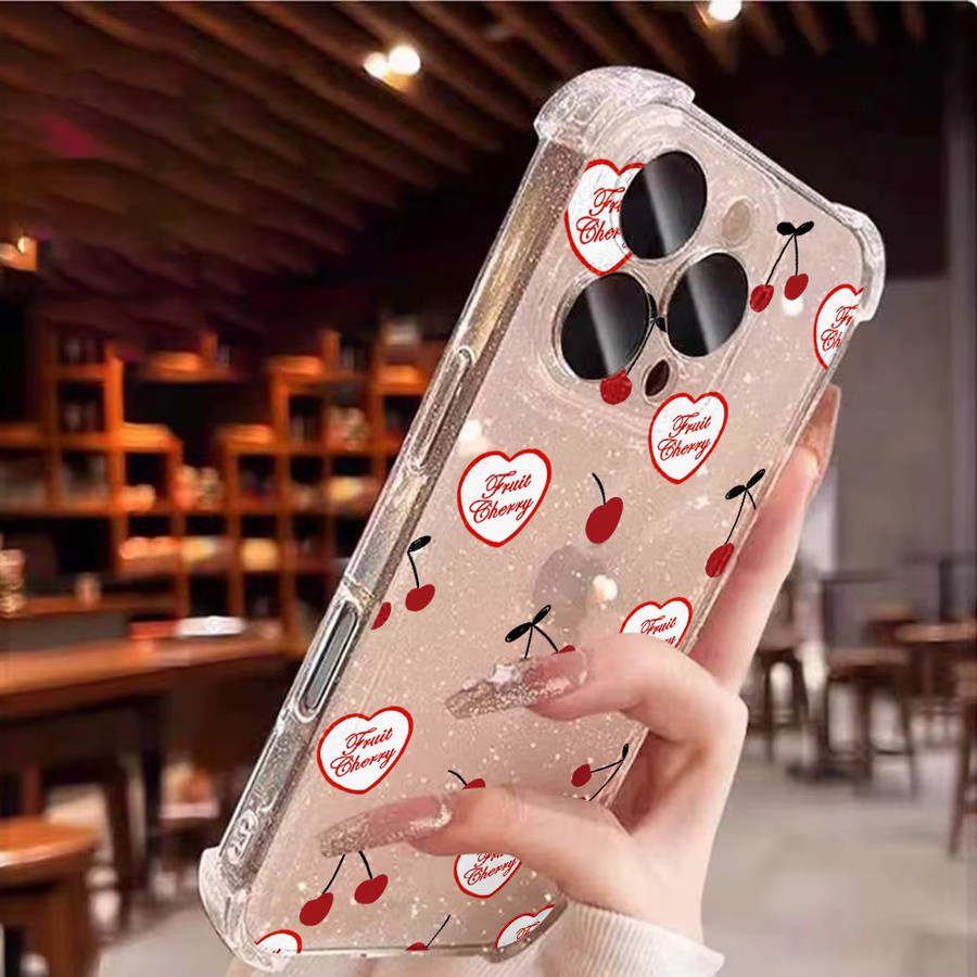 Bling Love Heart Cherry Silikonhülle für Apple iPhone 11 12 13 14 15 16 17 Pro Max Transparent Stoßfestes Softcase mit Glitzer-Design - Bild 5