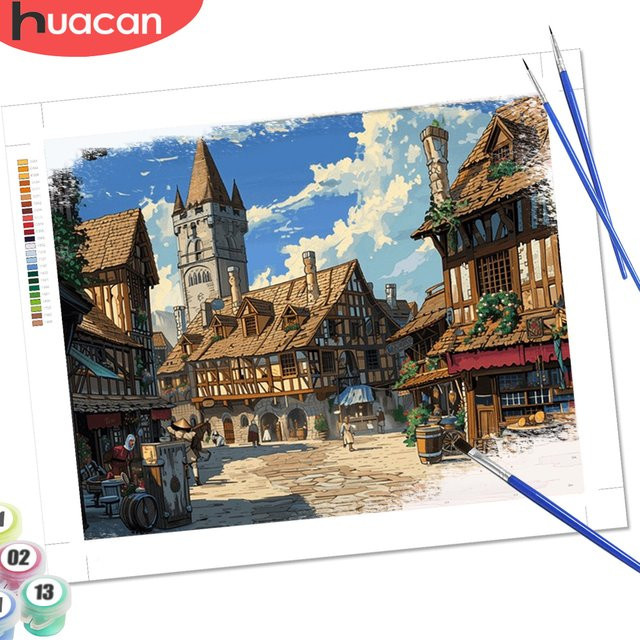 HUACAN Malen nach Zahlen, Hauslandschaft, Leinwand-Wandset - Bild 1