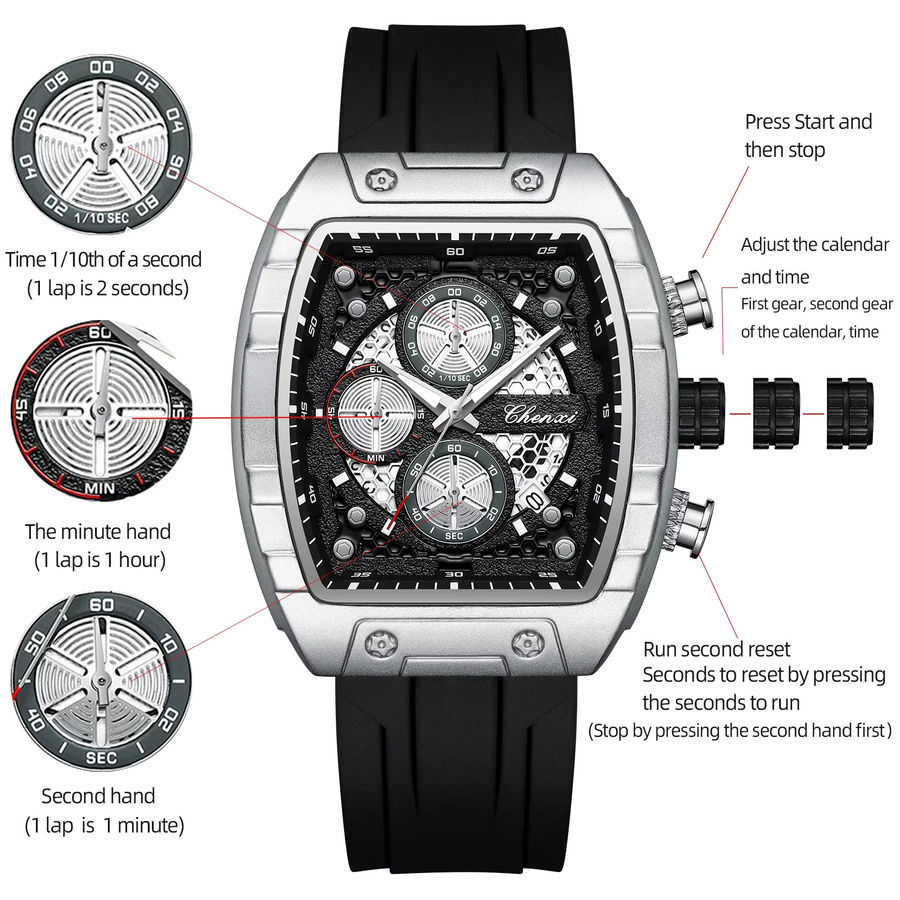 CHENXI Armbanduhr Tonneau, Chronograph, Quarz, Edelstahl, Silikon, Herren - Bild 3