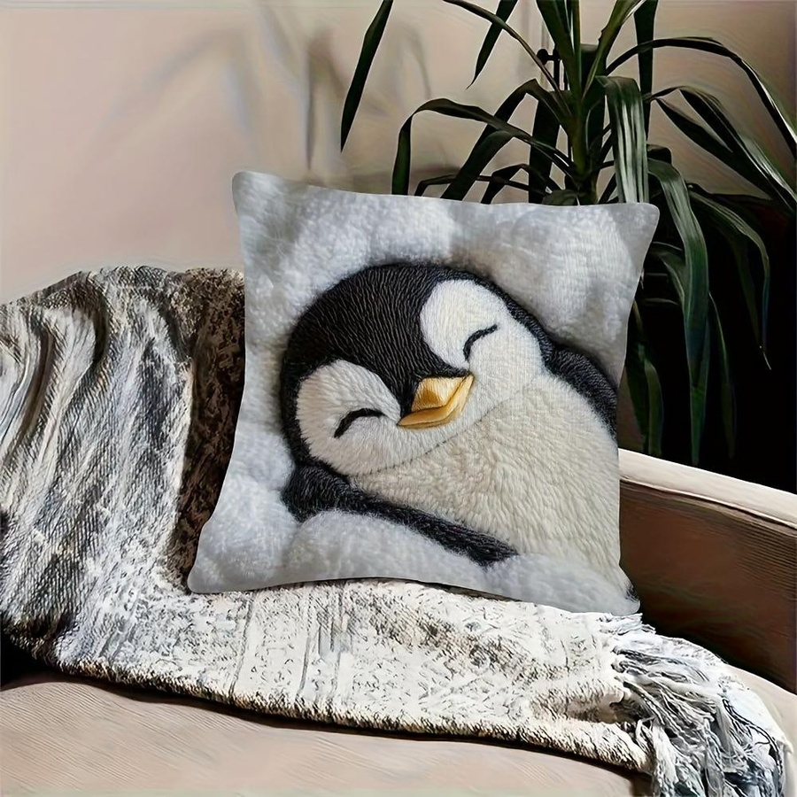 Weiche Kissenhülle mit 2D gesticktem Schlaf-Pinguin Aufdruck, Peach Skin Material, B/B/H: 18 x 18 x 1 cm, Mehrfarbig - Bild 5