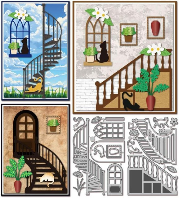 Silberne Stanzformen für Scrapbooking und Bastelarbeiten mit Katzen- und Pflanzenmotiven sowie Treppen- und Fensterformen für Papier und Tagebücher - Bild 1