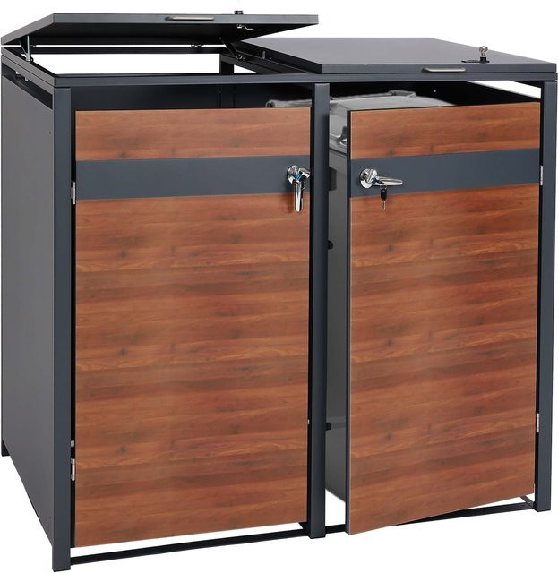 MCW 2er Mülltonnenverkleidung J82 Mülltonnenbox aus Metall in Anthrazit mit Kirsche-Holzoptik Dunkelbraun, B/T/H: 117 x 132 x 80 cm - Bild 1