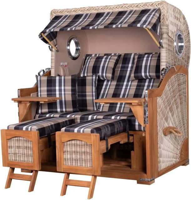 Bene Living Strandkorb Komplettset Ammersee Grande XL in Beige mit Teakholz, Liftersystem, Schutzhülle, Doppelrollen und Glasbecherhalter - Bild 1