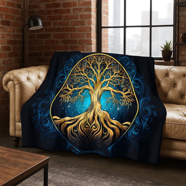 Faviora Nature Viking Yggdrasil Flanelldecke mit nordischem Baum des Lebens in Blau - Bild 1