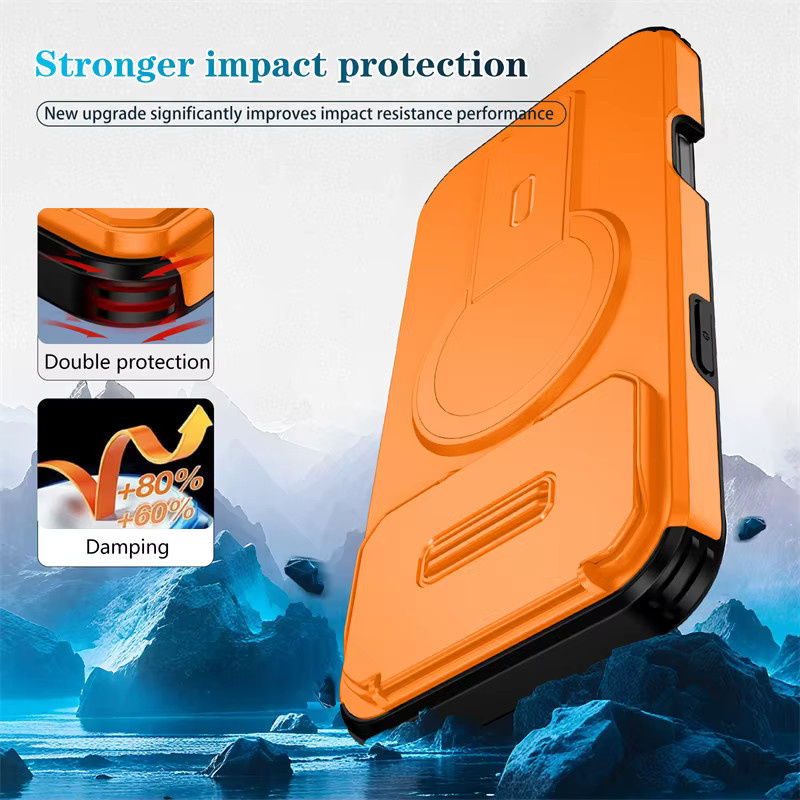 Magnetische MagSafe Schutzhülle von newteneight für iPhone 17 Air, 16 E, 15, 14, 13 Pro Max Plus Mini in Orange mit 3-in-1 versteckter Linse und klappbarem Ständer - Bild 2